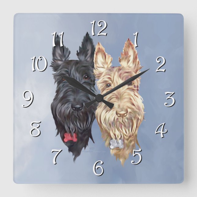 Black & Wheaten Scottish Terriers Quadratische Wanduhr (Vorderseite)