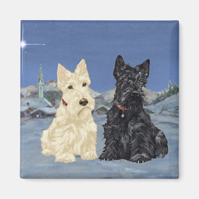 Black & Wheaten Scottish Terriers Winter Magnet (Vorne)