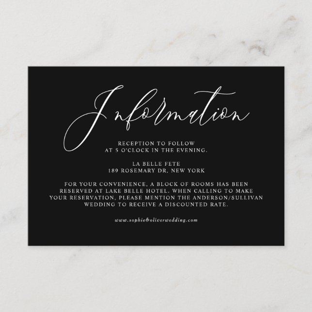Black Whimsical Calligraphy Wedding Information Begleitkarte (Vorderseite)