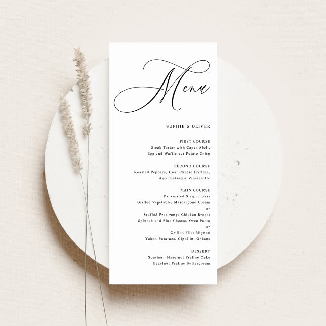 Black Whimsical Calligraphy Wedding Menükarte (Featuring the beautiful Whimsical Calligraphy Wedding Menu Card.)