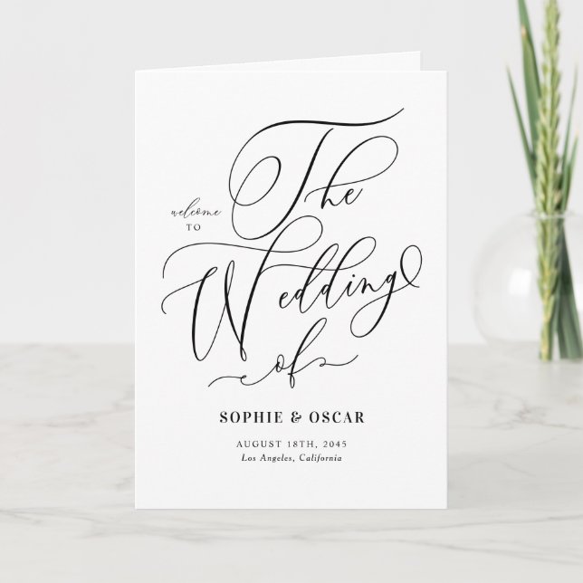 Black Whimsical Calligraphy Wedding Programm (Vorderseite)