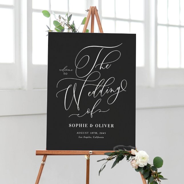 Black Whimsical Calligraphy Wedding Willkommen Poster (Customizable Black and White Whimsical Calligraphy Wedding Welcome Sign)