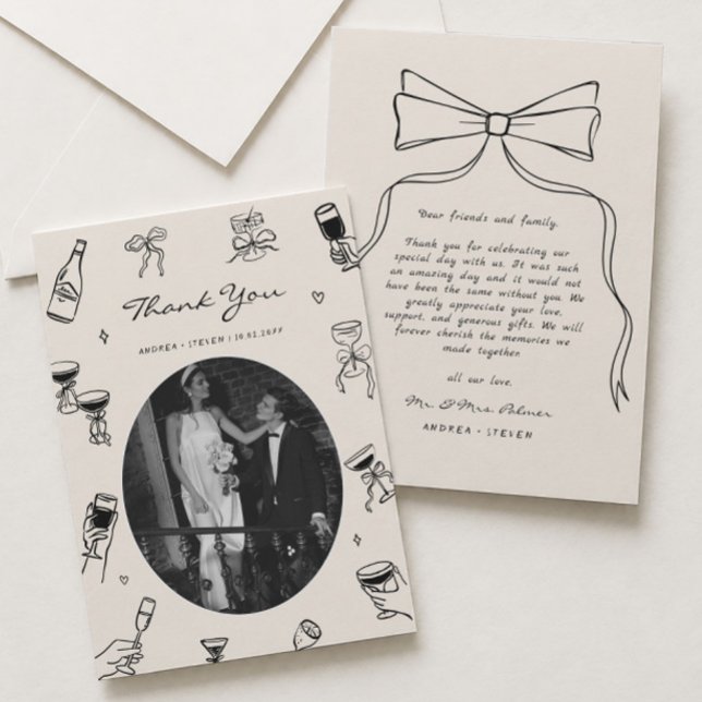 Black Whimsical Foto Hand Drawn Wedding Dankeskarte (Von Creator hochgeladen)
