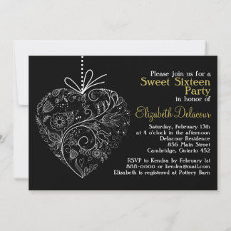 Black Whimsical Heart 16 . Geburtstag Einladung