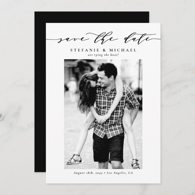Black Whimsical Script Photo Save The Date (Vorne/Hinten)