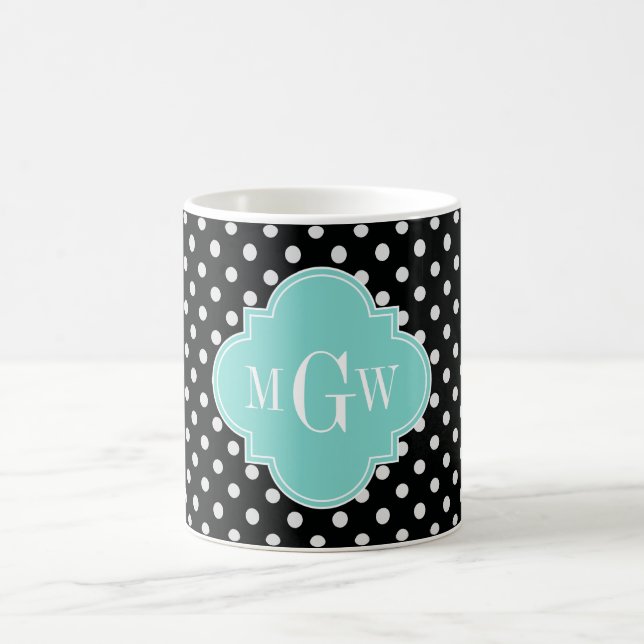 Black Whit Polka Dots Aqua Quatrefolie 3 Monogramm Tasse (Mittel)