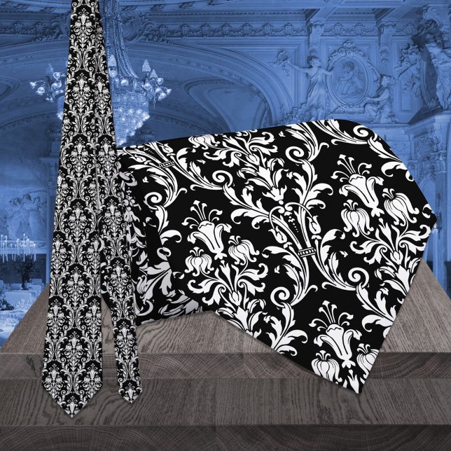Black & White Acanthus Leaf Floral Damask Hochzeit Krawatte (Von Creator hochgeladen)