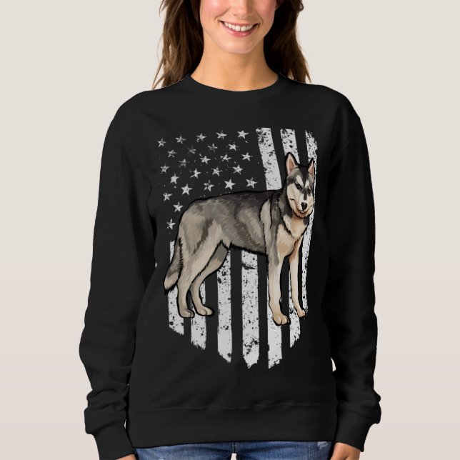 Black White American Flag Siberian Husky 4th Of Ju Sweatshirt (Vorderseite)