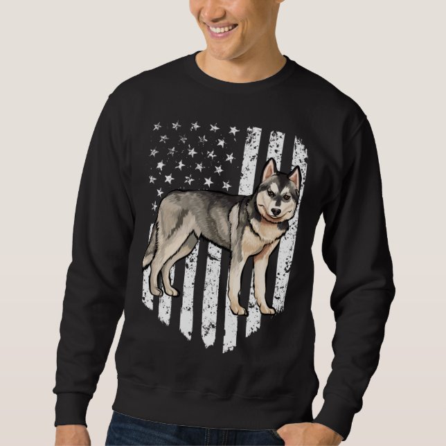 Black White American Flag Siberian Husky 4th Of Ju Sweatshirt (Vorderseite)