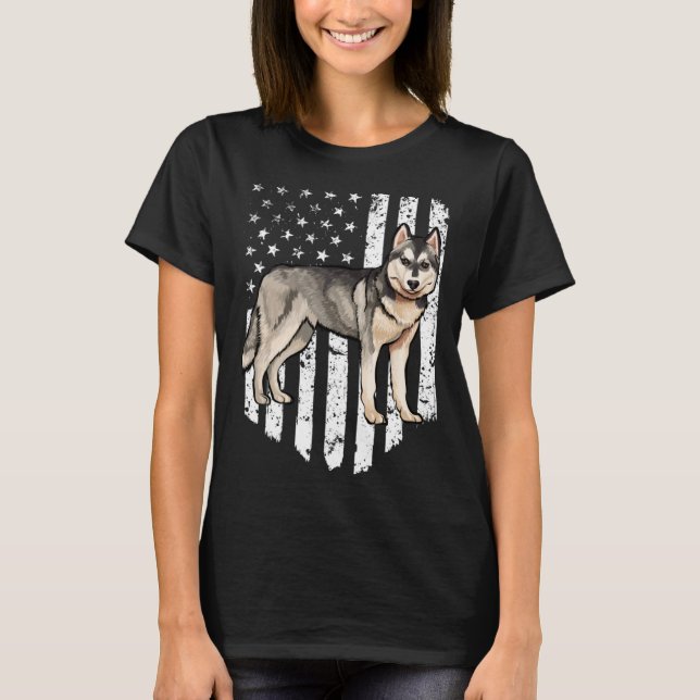 Black White American Flag Siberian Husky 4th Of Ju T-Shirt (Vorderseite)
