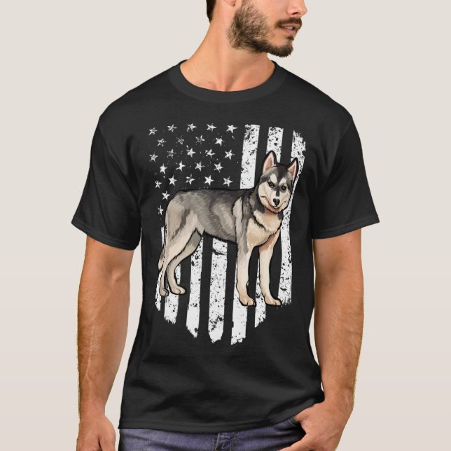 Black White American Flag Siberian Husky 4th Of Ju T-Shirt (Vorderseite)