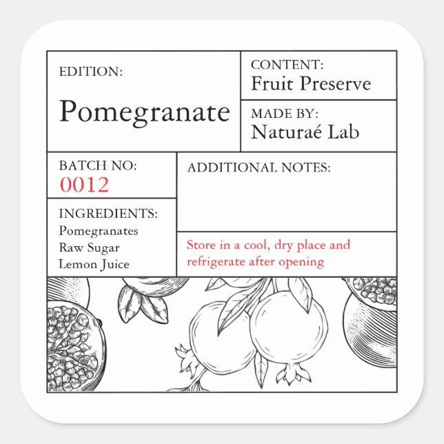 Black & White Apothecary Pomegranate label Quadratischer Aufkleber (Vorderseite)