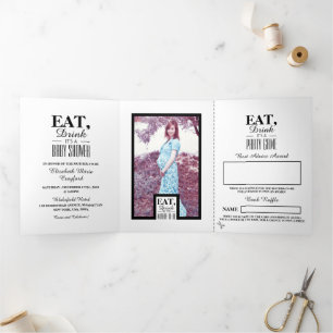 Black & White Art Deco Essen Drink Baby Dusche Sui Dreifach Gefaltete Einladung