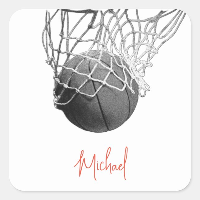Black & White Basketball Ball & Net Your Name Quadratischer Aufkleber (Vorderseite)