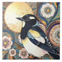 Black & White Bird Art Deco Jugendstil Blume Flora Fliese