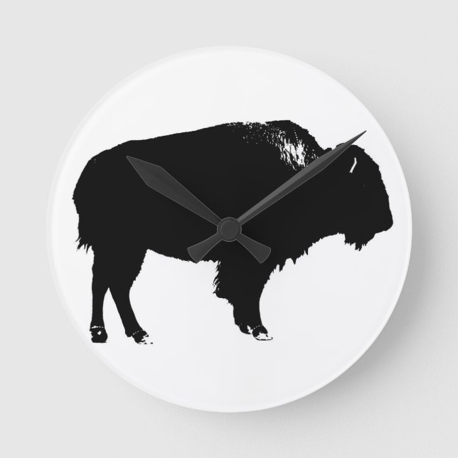 Black & White Bison Buffalo Silhouette Pop Runde Wanduhr (Vorderseite)