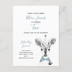 Black & White Blue Deer Boy 2. Geburtstag Einladungspostkarte