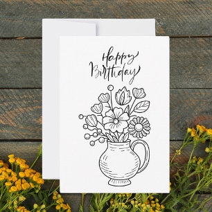 Black & White Boho Floral Happy Birthday Flat Card Karte
