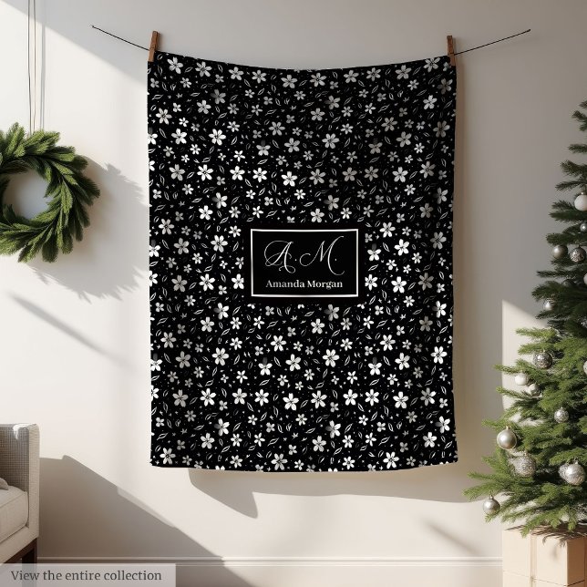 Black White Botanical Blanket Personalized Minimal Fleecedecke (Black White Botanical Blanket Personalized Minimal)