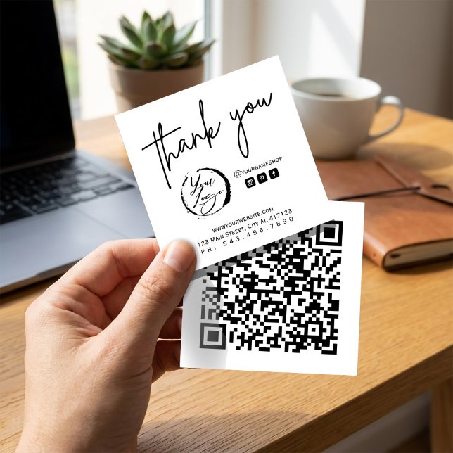 Black White Branding Thank You Quadratische Visitenkarte (Black White Branding Thank You Square Business Card #thankyoubranding #logoqrcode #supportbusiness)