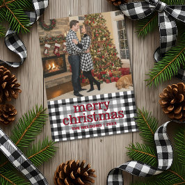 Black & White Buffalo Plaid Merry Christmas Photo Feiertagskarte