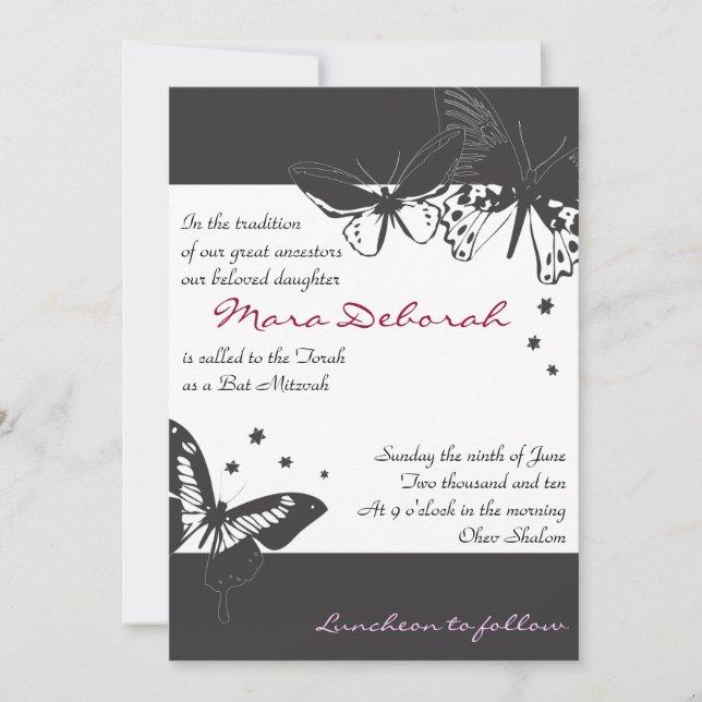 BLACK & WHITE BUTTERFLY Bat Mitzvah Einladung (Vorderseite)