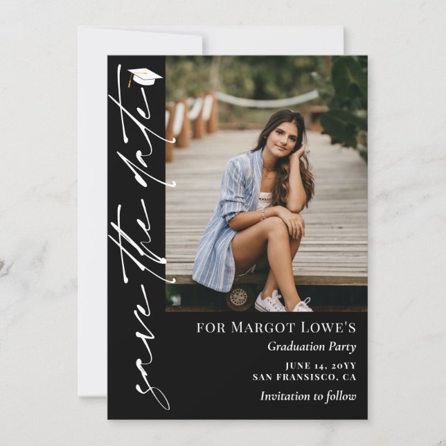 Black White Calligraphy Graduation Save The Date (Vorderseite)