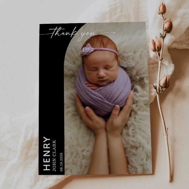 Black White Calligraphy Photo Baby Thank You Card Einladung (Von Creator hochgeladen)