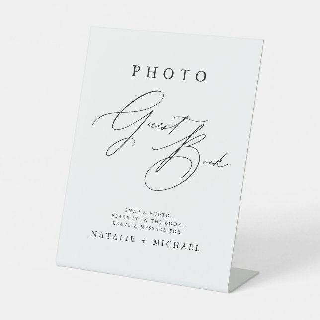 Black & White Calligraphy Wedding Foto Gästebuch Sockelschild (Vorderseite)