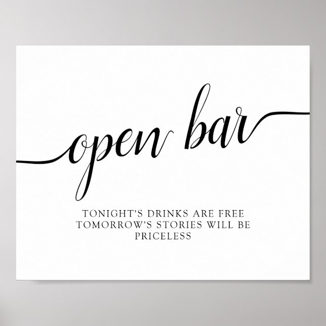 Black & White Calligraphy Wedding "Open Bar" Zeich Poster (Vorne)