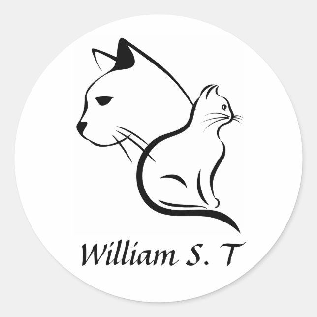 Black & White Cat Line Art with Personalized Name Runder Aufkleber (Vorderseite)