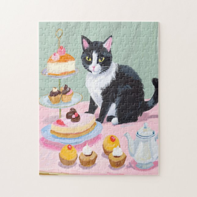 Black & White Cat, Tea and Pastries Jigsaw Puzzle (Vertikal)