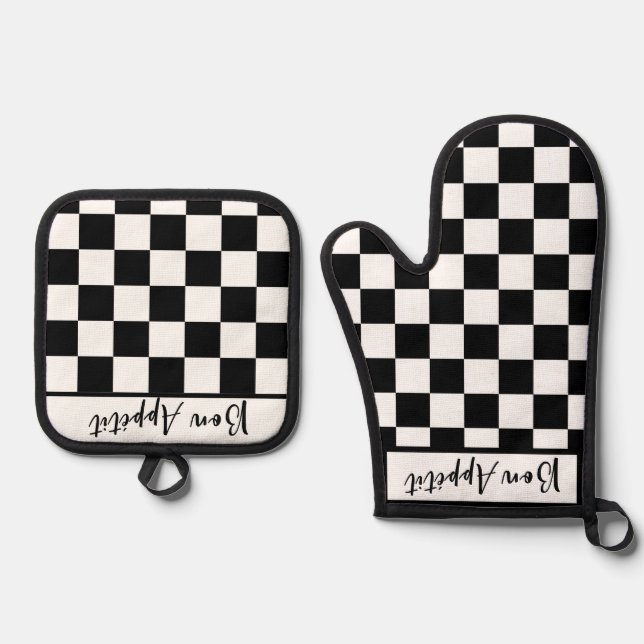 Black & White Checkerboard  Ofenhandschuh & Topflappen-Set (Vorderseite)
