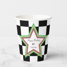 Black White Checkered Happy Birthday Paper Cups Pappbecher