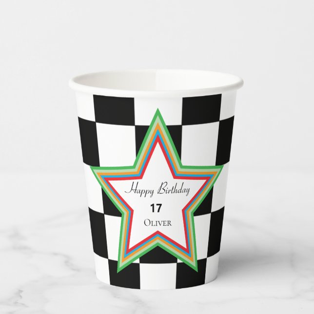 Black White Checkered Happy Birthday Paper Cups Pappbecher (Links)