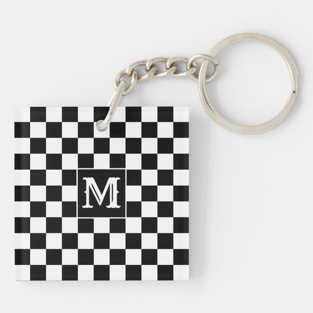Black White Checkered Keychain Capital Initial Schlüsselanhänger (Rückseite)