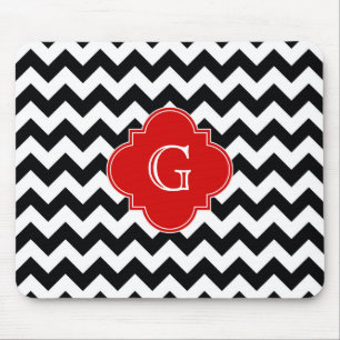 Black White Chevron Red Quatrefoil Monogram Mousepad