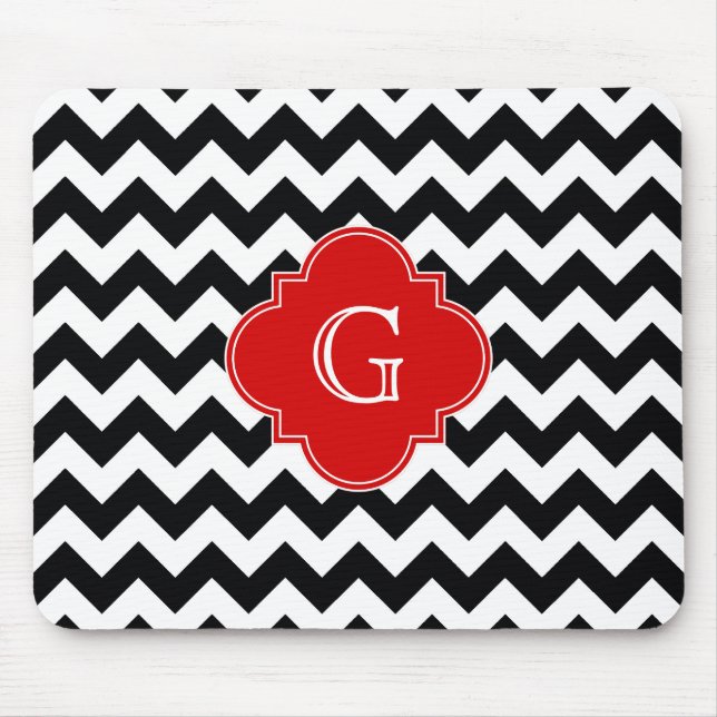 Black White Chevron Red Quatrefoil Monogram Mousepad (Vorne)
