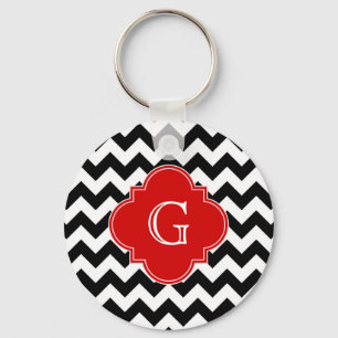 Black White Chevron Red Quatrefoil Monogram Schlüsselanhänger