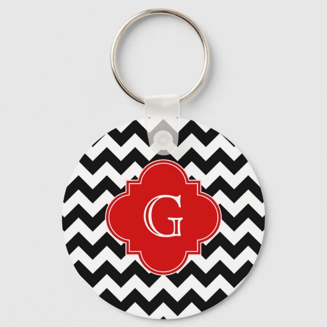 Black White Chevron Red Quatrefoil Monogram Schlüsselanhänger (Vorderseite)