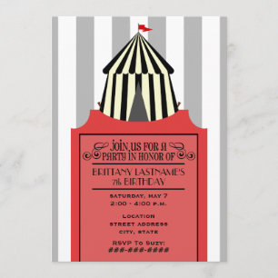 Black & White Circle Zelt mit Red Ticket Geburtsta Einladung