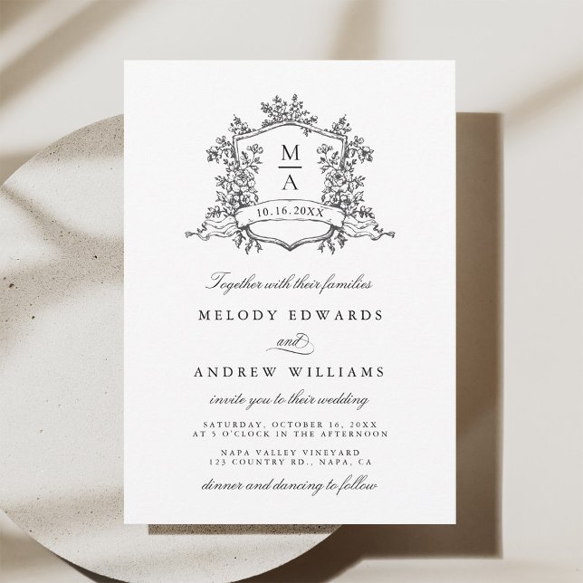 Black & White Classic Floral Crest Wedding Einladung (Von Creator hochgeladen)