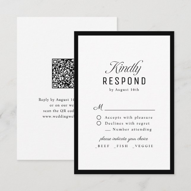 Black White Classy Script Elegant QR code Wedding RSVP Karte (Vorne/Hinten)