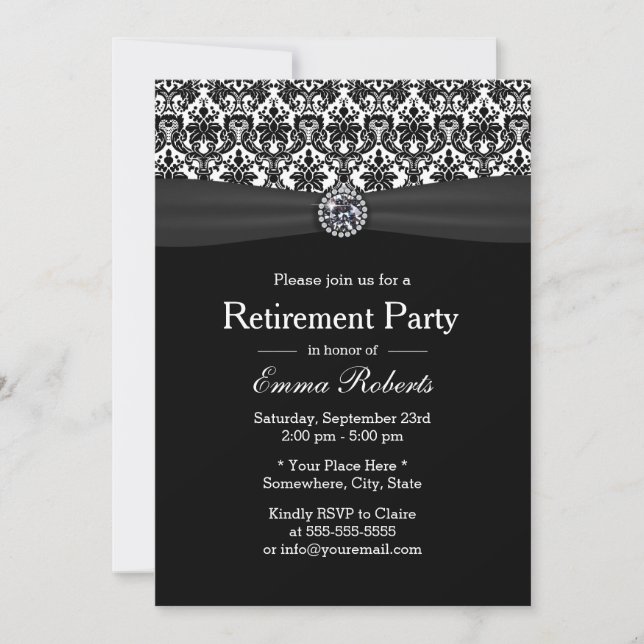 Black & White Damask Diamant-Renten-Party Einladung (Vorderseite)