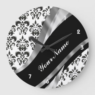 Black & White Damask Große Wanduhr