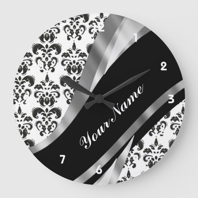 Black & White Damask Große Wanduhr (Vorderseite)
