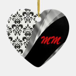 Black & White Damask Keramik Ornament