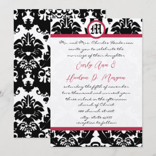 Black & White Damask Magenta Trim Wedding Einladung