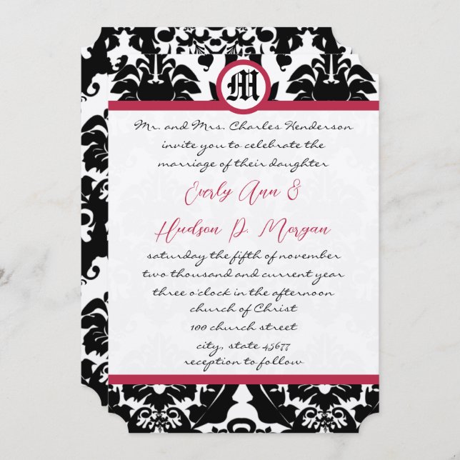 Black & White Damask Magenta Trim Wedding Einladung (Vorne/Hinten)