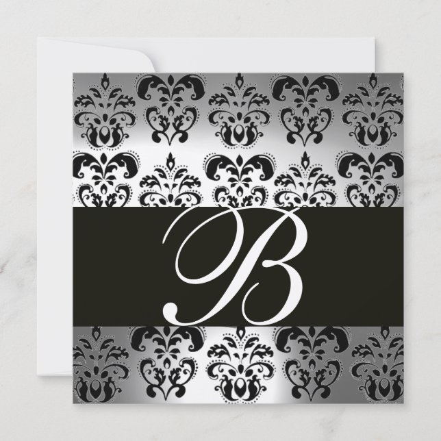 BLACK & WHITE DAMASK MONOGRAM Silbermondstein Einladung (Vorderseite)